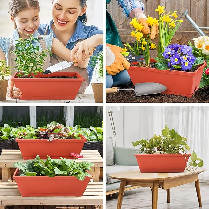 Window Box Planter, 7 Pack Plastic Vegetable Flower Planters Boxes 17 Inches Rectangular Flower Pots with Saucers for Indoor Outdoor Garden, Patio, Home Decor (Red)