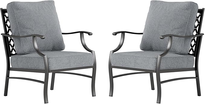 Metal Patio Chairs Set of 2 with 5.75" Extra Thick Cushion, 2 Pieces High Back Outdoor Patio Chairs All Weather Outdoor Furniture Seating for Deck Backyard Balcony Front Porch, Gray