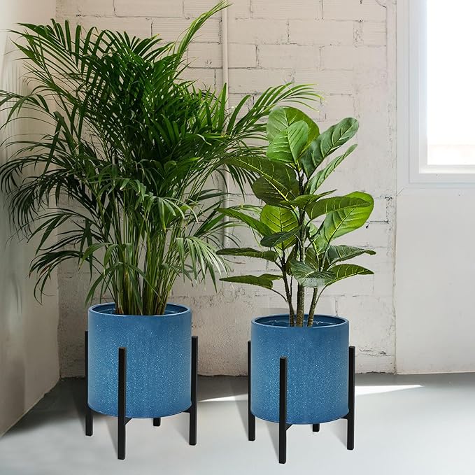 ARNIS Modern Plant Pots, Set of 2 Large Planters with Stand, Decorative Planters, Metal Pots with Drainage Holes for Living Room, Office, Garden or Balcony, 8.25 &10.5 Inch, Blue