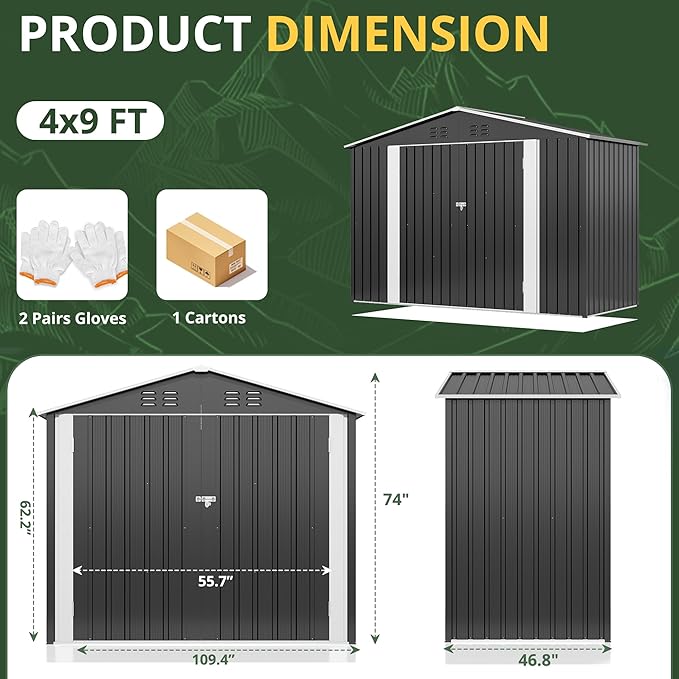 9x4 FT Outdoor Storage Shed, Garden Shed with Updated Frame Structure and Lockable Doors, Metal Tool Sheds for Backyard Garden Patio Lawn, Grey