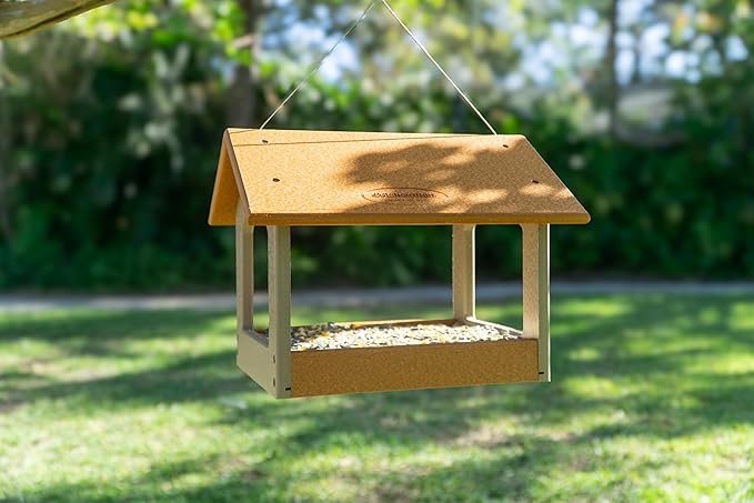 DutchCrafters Amish USA Made Recycled Plastic Large Hanging Modern Fly Through Covered Roof Open Platform Tray Bird Feeder for Outdoors, Garden, Yard (Cedar & Weatherwood)