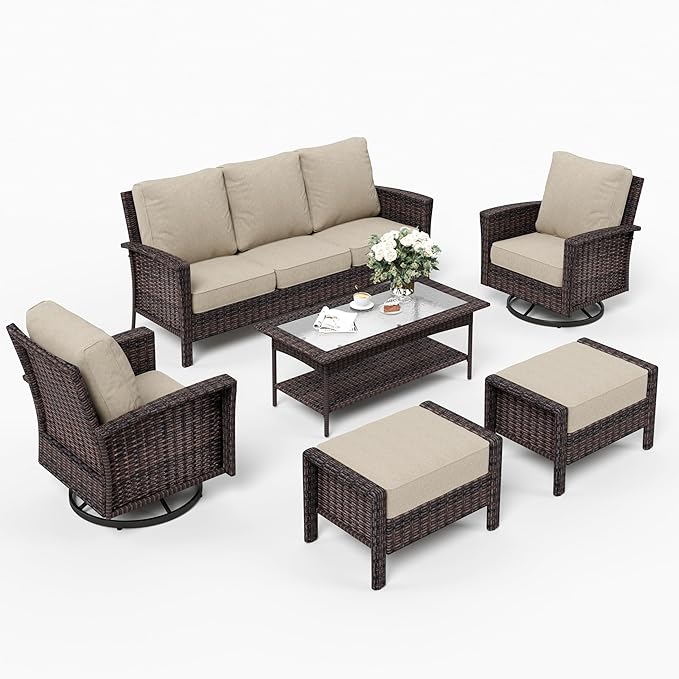 6 Piece Patio Furniture Set with Swivel Chairs, High Back Wicker Rattan Sofa with Extra Thick Cushion, Coffee Table and Ottoman, Outdoor Conversation Set for Backyard Deck,Beige