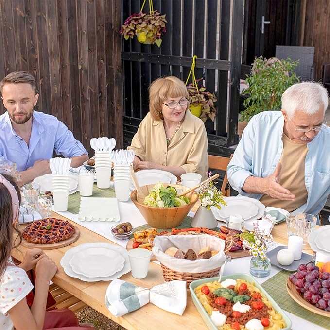 350 Pcs White Party Supplies Include Scalloped Plate Napkin Cup Forks Knives, Plastic Cutlery 50 Guest Disposable Parties Tableware Set for Wedding Baby Shower Bridal Shower Birthday Party