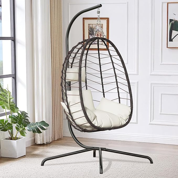 Hanging Egg Chair with Stand, Swinging Egg Chair Outdoor Indoor, Hanging Basket Chair with Cushion, Patio Wicker Hammock Chair 350lbs Capacity for Bedroom, Balcony, Backyard, Garden (Beige)