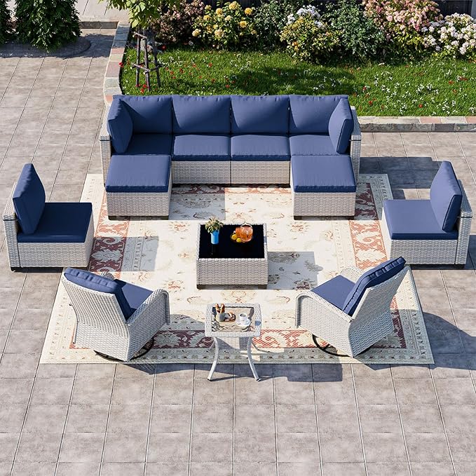 12-Piece Patio Furniture Set, Outdoor Patio Furniture with Swivel Chairs Set, Ottomans, Modular Patio Sofa, Dual-Strand Wicker Rattan, Rust-Resistant Frame, Navy Blue