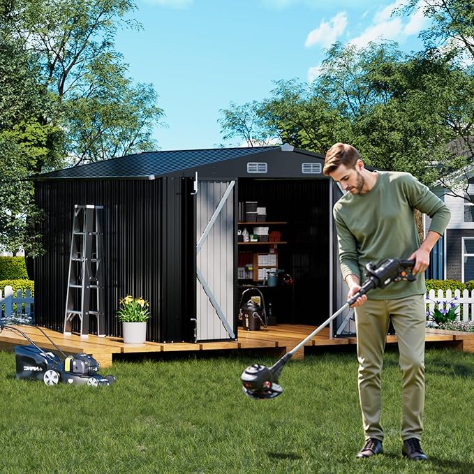 COMHOMA Shed Outdoor Storage Shed Metal,Lockable Doors Tool Sheds with Sloping Roof,Steel Garden Shed with Air Vent for Backyard,Patio,Lawn,Poolside (Grey, 10'*12')