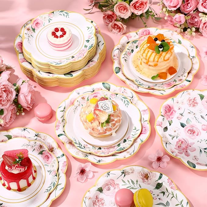 Mumufy 100 Pack Pink Floral Paper Plates 9" & 7" Disposable Wildflower Dessert Plates Floral Party Decoration Dinner Tableware for Wedding Birthday Baby Shower Bridal Garden Tea Party Supplies