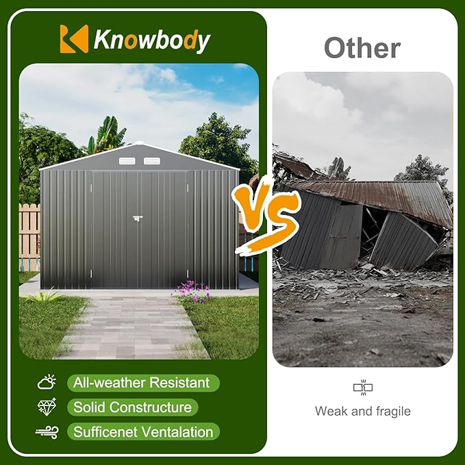 12x10 FT Metal Sheds & Outdoor Storage with Floor: Heavy Duty Garden Sheds with Dual Transparent Roof Panels, DIY-installable Windows & Lockable Doors, Tool Shed w/Base for Backyard, Patio, Grey