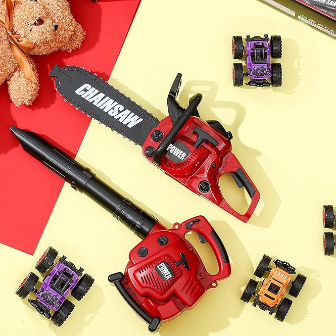 2 Pcs Toy Gardening Tool Set for Kids Leaf Blower, Toy Chainsaw Battery Powered Gardening Tool Set with Lights and Sounds Gift for Boys Girls