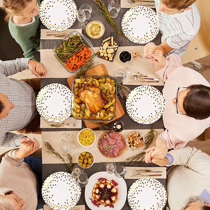 150PCS Paper Plates and Napkins Set - White and Gold Dot Disposable Party Dinnerware Includes Paper Plates, Napkins, Forks Decorations for Birthdays, Graduations, Weddings and Holidays, Serves 50