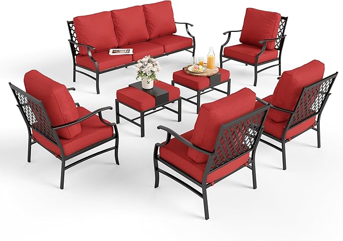 Patio Furniture Set 7 pcs, Outdoor Patio Furniture, 3-Seat Sofa, 4 Single Chairs, 2 Ottomans and 5.75" Extra Thick Cushion, Patio Conversation Set for Garden Backyard Deck,Red