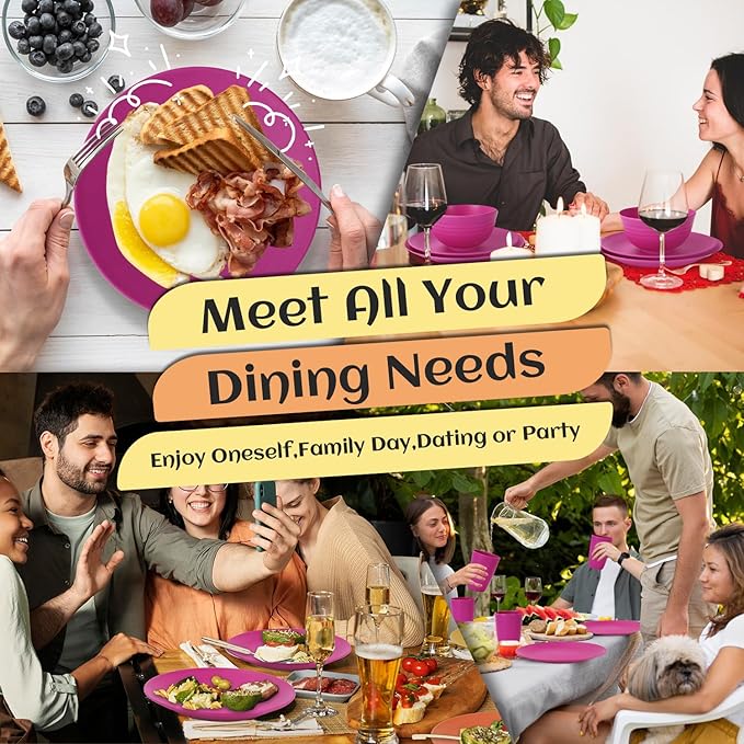 40-Piece Kitchen Plastic Wheat Straw Dinnerware Set, Dish Set for 8, Dinner Plates, Dessert Plate, Cereal Bowls, Cups, Appetizer Plates,Unbreakable Plastic Outdoor Camping Dishes,Pink