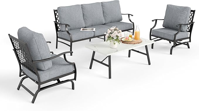 Patio Furniture Set 4 pcs, Outdoor Patio Furniture, 3-Seat Sofa, 2 Rocking Chairs, Metal Coffee Table and 5.75" Extra Thick Cushion, Patio Conversation Set for Garden Backyard Deck,Grey