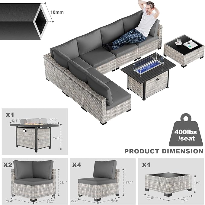 8-Piece Modern Patio Conversation Set with 55,000 BTU Fire Pit Table, Thick Cushions, Upgraded Rattan, Reinforced Frame