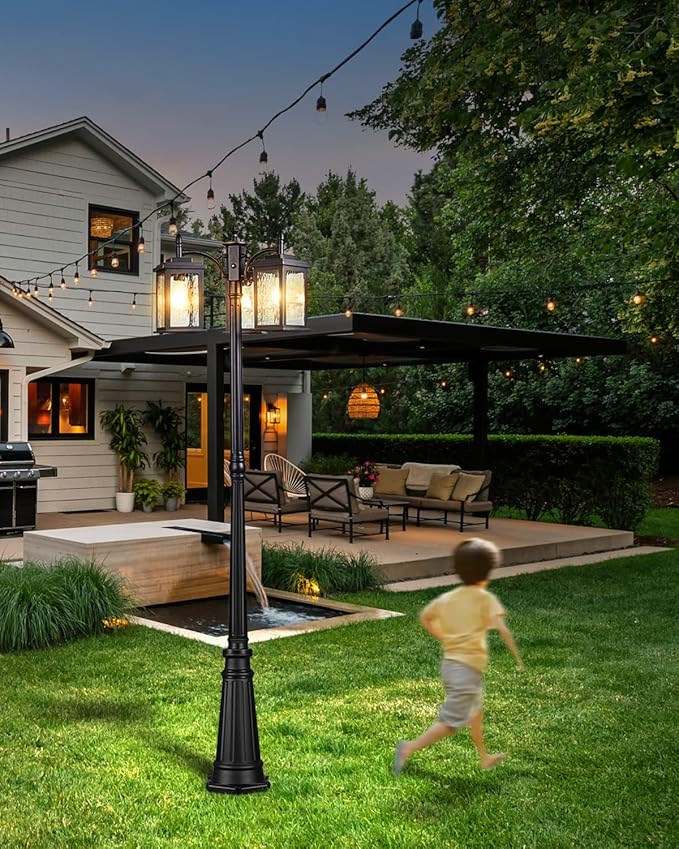VIANIS Dusk to Dawn Lamp Posts Outdoor Lighting, Triple Head Street Light Pole Lamp for Outside, Waterproof Outdoor Post Light Fixtures Black with Tempered Ripple Glass for Garden Yard Patio Driveway