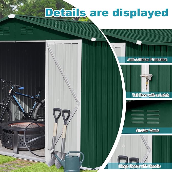 Sheds & Outdoor Storage 8 ft × 10 ft Storage Shed Large Classic Apex Roof Metal Garden Storage Sheds with Hinged Door Tool Cabinet for Backyard, Patio, Poolside, Green