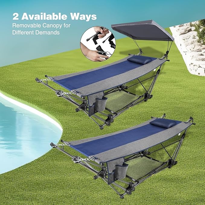 RedSwing Portable Folding Hammock with Stand,Fold Up Hammock with Removable Canopy,Pillow and Storage Net,Foldable Camping Hammock for Adults for Outdoor,Backyard,Beach,Garden,Lawn