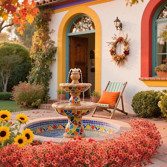 Fall Outdoor Artificial Flowers 16 Bundles - UV Resistant Faux Daisy with Eucalyptus Leaves, Weatherproof Fake Plants for Porch, Patio, Garden Decor, Indoor Outdoor Decor (Fall Orange Red)