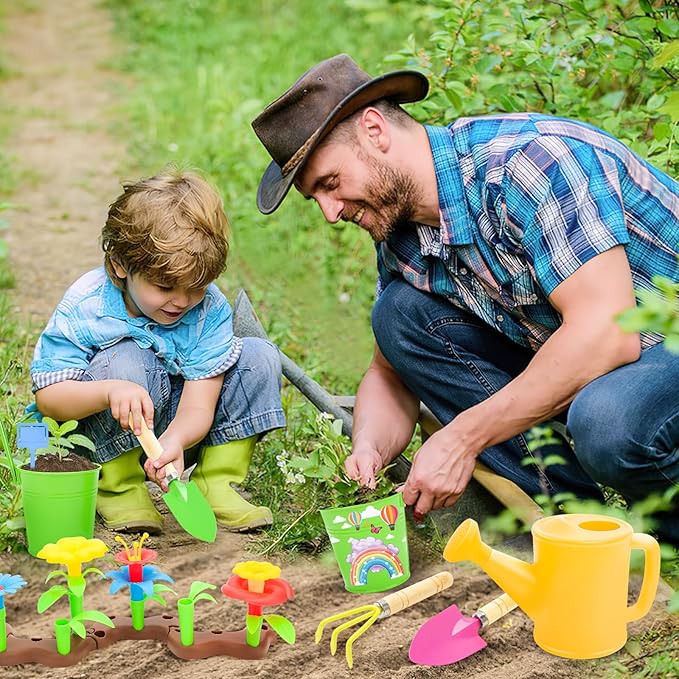 deAO Kids Gardening Set Arts and Crafts for Kids Paint Garden Tools DIY Flower Building Toys with Shovel, Trowel, Rake, Water Can,Gloves,Tote Bag,Apron,Painting Accessories,Outdoor Gift for Boys Girls
