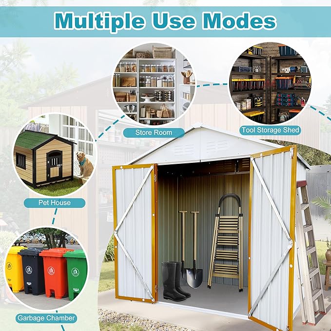 6ft x 4ft Outdoor Storage Shed Apex Roof Tool Shed Outdoor Storage Metal Garden Sheds Tool Cabinet with Galvanized Steel Construction for Backyard, Patio, Poolside, White + Yellow
