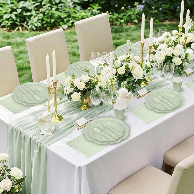 175 Pcs Sage Green Plates and Napkins Set, 25 Guest Sage Green Party Supplies Include Scalloped Plate Napkin Cup Forks Knives Disposable Plastic Cutlery for Wedding Baby Shower Birthday