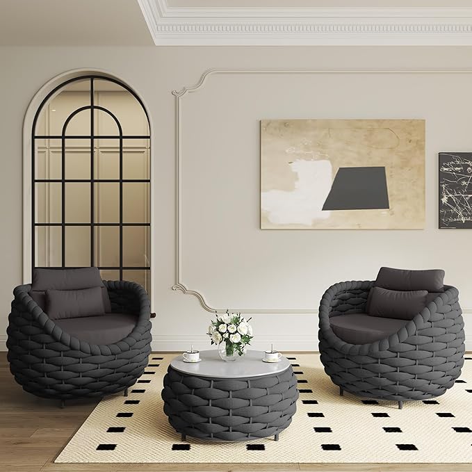 Outdoor Patio Furniture Set-5 Pieces Aluminum Sectional Sofa, Metal Patio Conversation Set with Threeseat & Armchair, Textile Rope and Coffee Table, Dark Grey