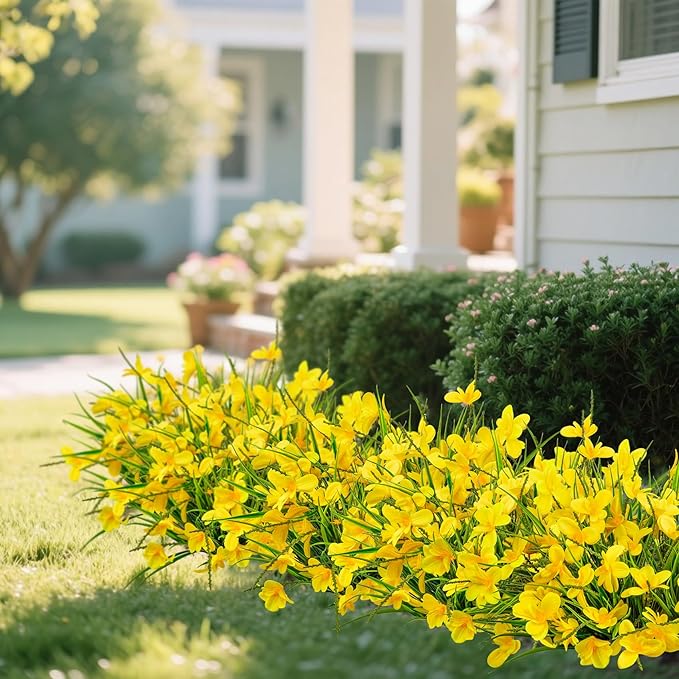 Ouddy Decor 12 Bundles Artificial Flowers for Outdoors Decoration, Fake Freesia Silk Flowers UV Resistant Artificial Plants for Summer Indoor Outside Garden Wedding Farmhouse Porch Home Decor, Yellow