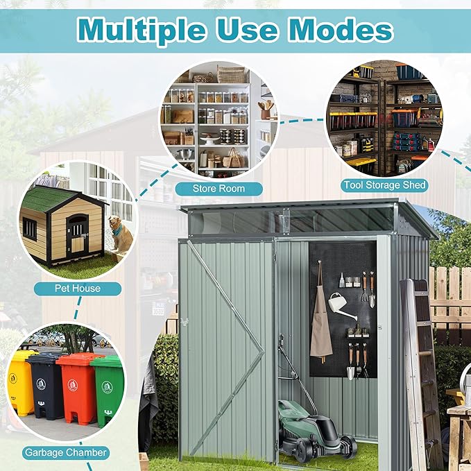 Sheds & Outdoor Storage 5ft x 3ft Metal Storage Shed with Transparent Plate, Hinged Door Design Small Garden Tool Storage Cabinet for Backyard, Patio, Poolside, Gray
