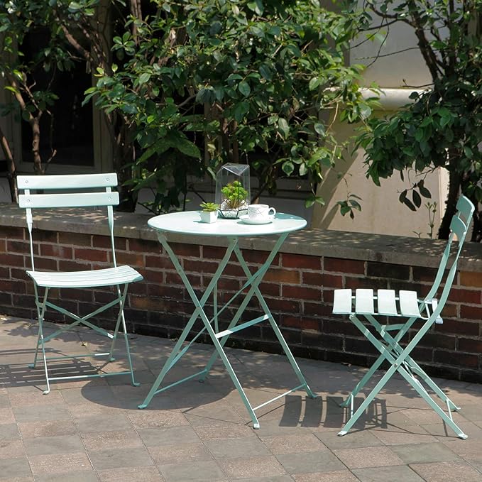 Grand patio 3-Piece Steel Foldable Bistro Set, 2 Chairs and 1 Table, Weather-Resistant Outdoor/Indoor Conversation Set for Patio, Yard, Garden-Macaron Blue