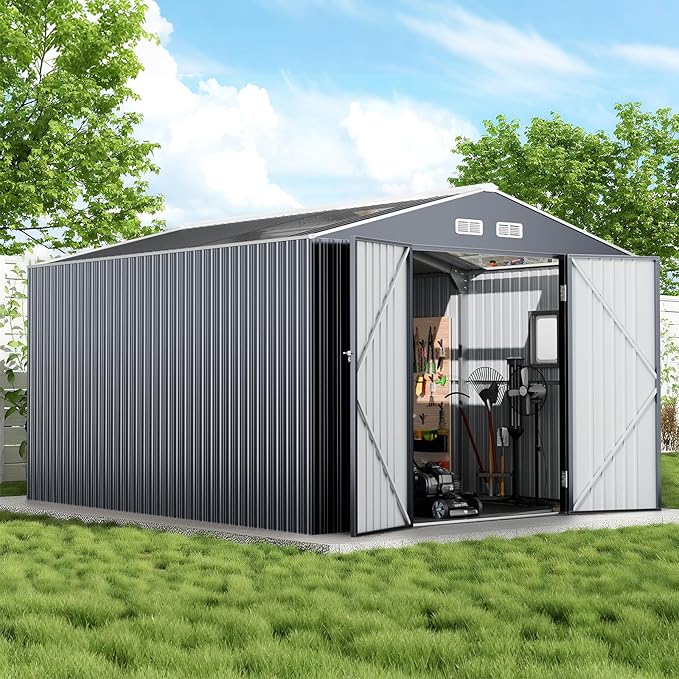 12x10 FT Metal Sheds & Outdoor Storage: Heavy Duty Garden Sheds with Dual Transparent Roof Panels, DIY-installable Windows & Lockable Doors, Weatherproof Tool Shed for Backyard, Garden, Patio, Grey