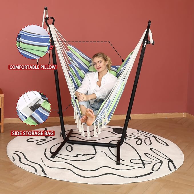 ZEYU Hammock Chair with Stand Double Hammock Chair Bohemian Style with Tassel Mobile Phone Support Manual Adjustable Swing Indoor and Outdoor Garden Porch with Floor mat Reclining Capacity 400 pounds