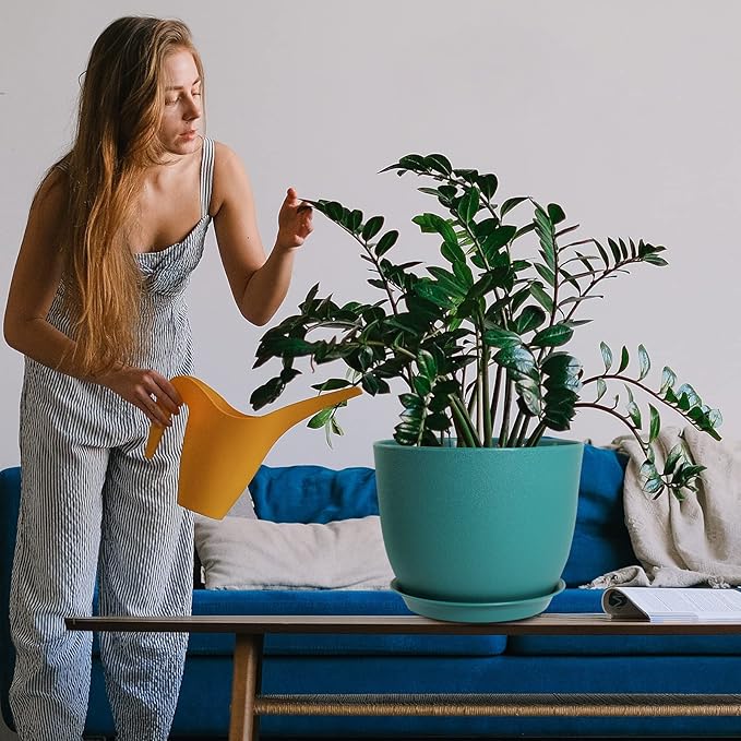 WOUSIWER Plant Pots 10/9/8 inch, Set of 3 Modern Decorative Plastic Planters with Drainage Holes and Saucers for House Plants Indoor Flowers Plants, Blue