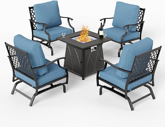 5 Piece Metal Outdoor Patio Furniture Set with Fire Pit Table, Patio Conversation Sets 4 Rocking Chairs with 5.75" Thick Cushion and 5000 BTU Fire Pit Table, Backyard Furniture, Navy