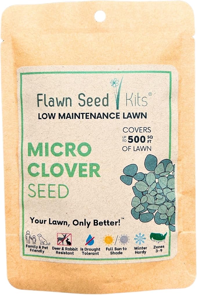 Flawn Seed Kits 2.2 oz Micro Clover Seed, Organic Coated, Eco-Friendly, Low Growing, Low Maintenance, Lawn Alternative, Compostable Pouch, Over-Seed up to 500 Sqft