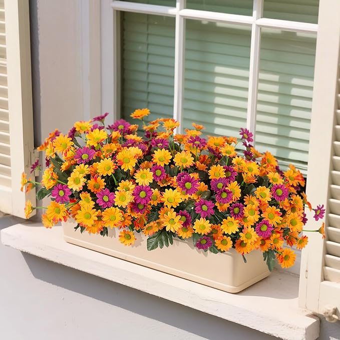 Fake Mums Fall Artificial Flowers for Outdoor Decoration, 6 Bundles Faux Silk Daisy Flowers Realistic UV Resistant No Fade Fall Fake Plants for Home Patio Porch Garden Window Box Decor(Purple Orange)