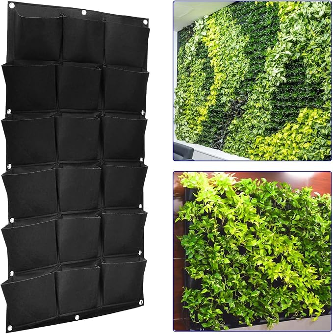 SOUJAP 2 Pack 18 Pockets Vertical Wall Garden Planter Plant Grow Bag, Hanging Felt Grow Bags Vertical Wall Garden for Indoor, Outdoor, Flower, Garden, Vegetable and Home Decoration (Black)