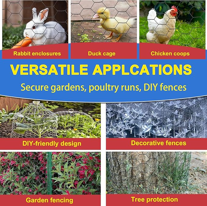 Black 19GA Chicken Wire 60inx150ft, Chicken Wire Fencing, Garden Fence, Metal Poultry Wire Netting, Galvanized PVC Coated Mesh for Animal/Rabbit/Floral/Chicken Coop/DIY Projects.