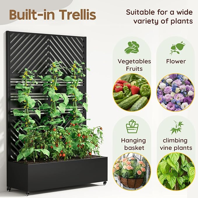 Metal Raised Garden Bed with Trellis & Wheels,70" x 47"x 15.7" Planter Box with Trellis,Privacy Planters for Patio,Garden Bed for Climbing Plants,Suitable for Climbing Plants and Vegetables,Black