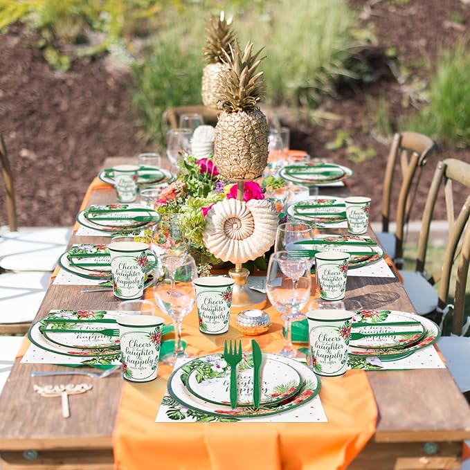 350 Pcs Tropical Wedding Bridal Shower Paper Plate Palm leaf Napkin Cup Hibiscus flower Disposable Tableware Set With Knives Fork Cheers to Love Bachelorette Party Favor for 50 Guest