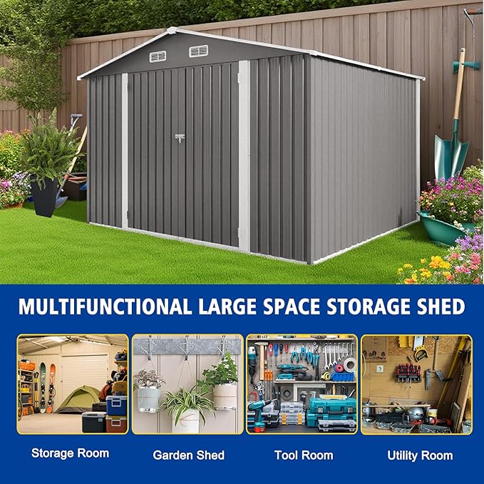 10x8 FT Outdoor Storage Shed with Window, Metal Sheds & Outdoor Storage with Lockable Door and 4 Vents, Outside Storage Shed Waterproof for Backyard, Garden, Patio, Gray