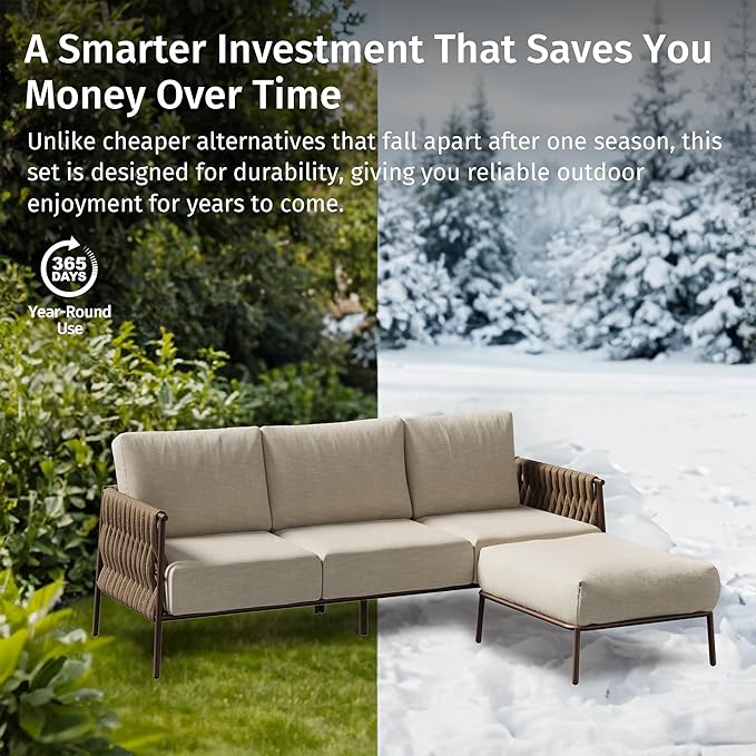 EAST OAK 3-Piece Patio Furniture Set | Life Chatter 4-Seat Outdoor Furniture | Sectional Sofa Set with Round Coffee Table | Deep Seating Sofa with Thick & Washable Cushions | Chestnut & Apricot