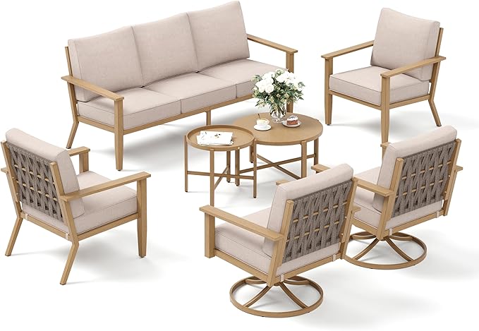 Patio Conversation Set,7 Pcs Metal Outdoor Furniture with 3-Seater Sofa,2 Swivel Chairs,2 Single Chairs,Metal Nested Table and 5.75" Extra Thick Cushion for Lawn Garden Backyard,Beige