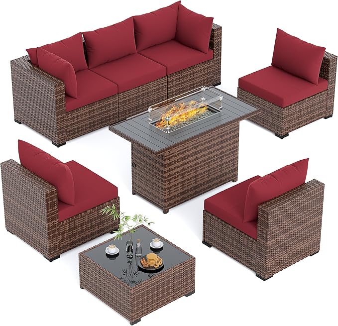 UDPATIO Outdoor Patio Furniture Set with Fire Pit Table, 8 Piece Outdoor Sectional Sofas, All-Weather Wicker Patio Conversation Set for Garden, Backyard Wine