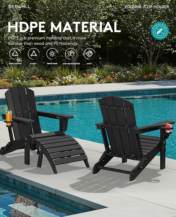 SERWALL Folding Adirondack Chair, Dual Cup Holders & All-Weather HDPE, Wood-Like Patio Chair for Backyard, Camping,Pool & Fire Pit- Black