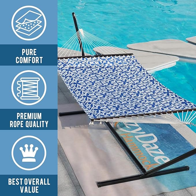 Lazy Daze Quilted Fabric Hammock with Spreader Bar, 2 Person Double Hammock for Outside Patio Poolside Backyard Beach, 450lbs Capacity, QF48