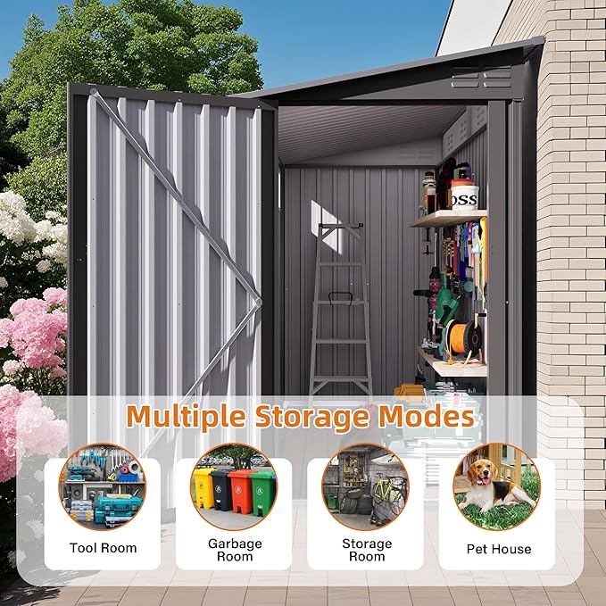 4x9 FT Lean to Shed with Windows, Metal Sheds & Outdoor Storage with 6 Vents and 1 Side Open Door, Outdoor Storage Shed Waterproof for Backyard, Garden, Patio, Gray