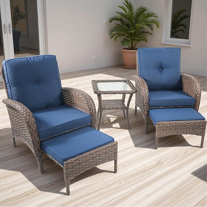 Rilyson 5 Piece Patio Furniture Set - Wicker Balcony Furniture Set with Hidden Ottomans, Rattan Outdoor Patio Chairs with Side Table for Porch Deck Poolside Garden Brown/Blue