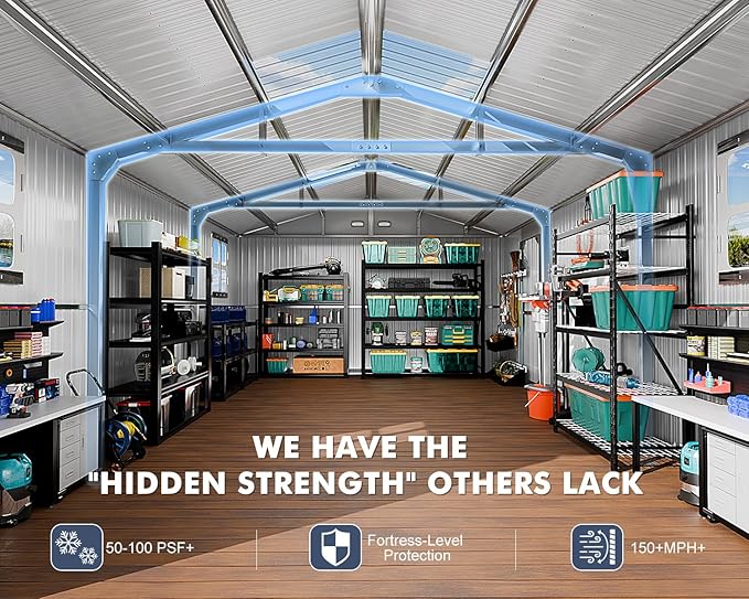 Metal Garage Shed 13x20x8.5' with Floor Frame Kit, Large Outdoor Storage Building Ultra-Reinforced Truss System, with Skylights Dual-Entry Steel Carport Workshop for Car Boat Big Tool Organization