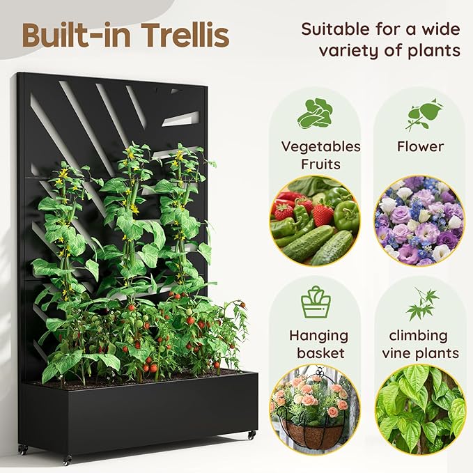 Metal Raised Garden Bed with Trellis & Wheels,70" x 47"x 15.7" Planter Box with Trellis,Privacy Planters for Patio,Garden Bed for Climbing Plants,Suitable for Climbing Plants and Vegetables,Black