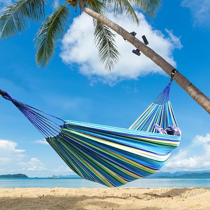 ANYOO Cotton Hammock Portable Camping Hammocks for Hanging Sturdy Garden Comfortable Fabric Hammock with Tree Straps Up to 660lbs with Travel Bag for Camping Outdoor/Indoor Patio Backyard